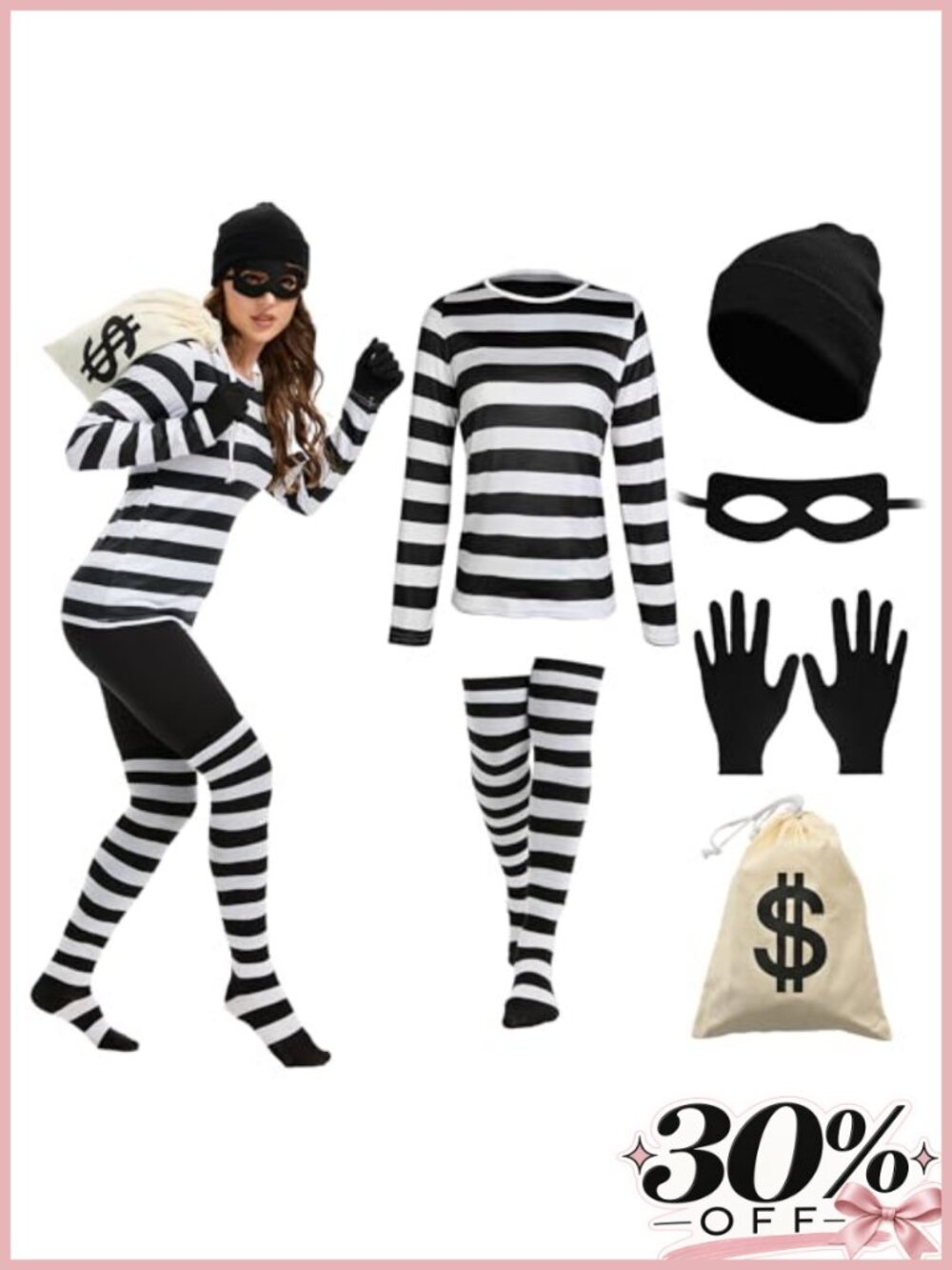 Women's Robber Costume Set 6-Piece Striped Halloween Outfit Long Sleeve Cosplay